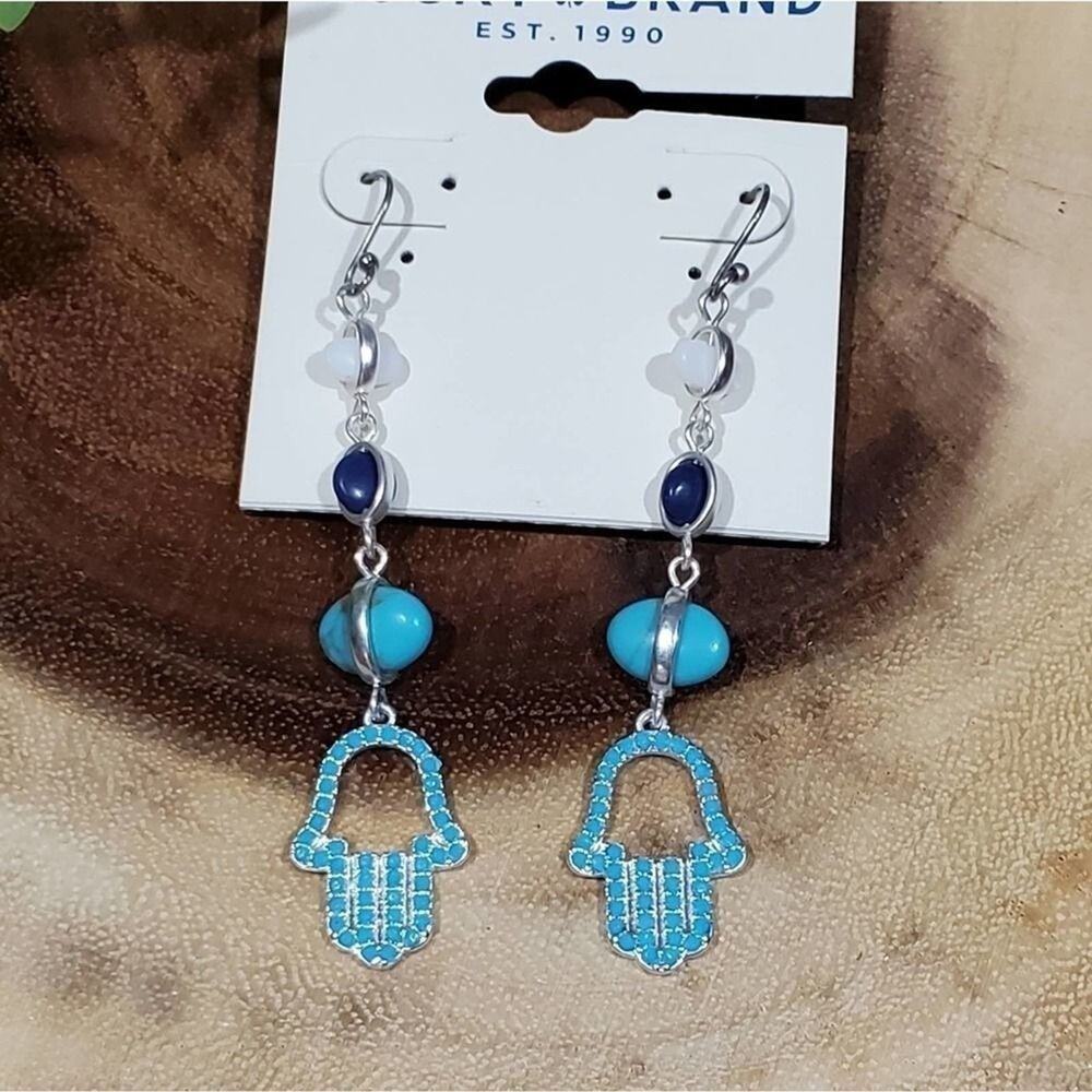 Lucky brand blue Turquoise beaded dangle hamsa long chandelier earrings